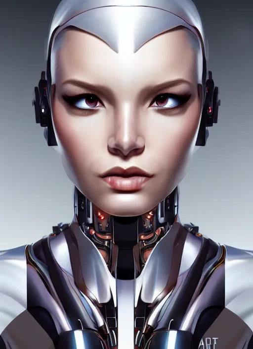 Image similar to portrait of a cyborg woman by Artgerm, (((((face turns left))))) ((((((face turns right)))))), eyes closed , biomechanical, hyper detailled, trending on artstation