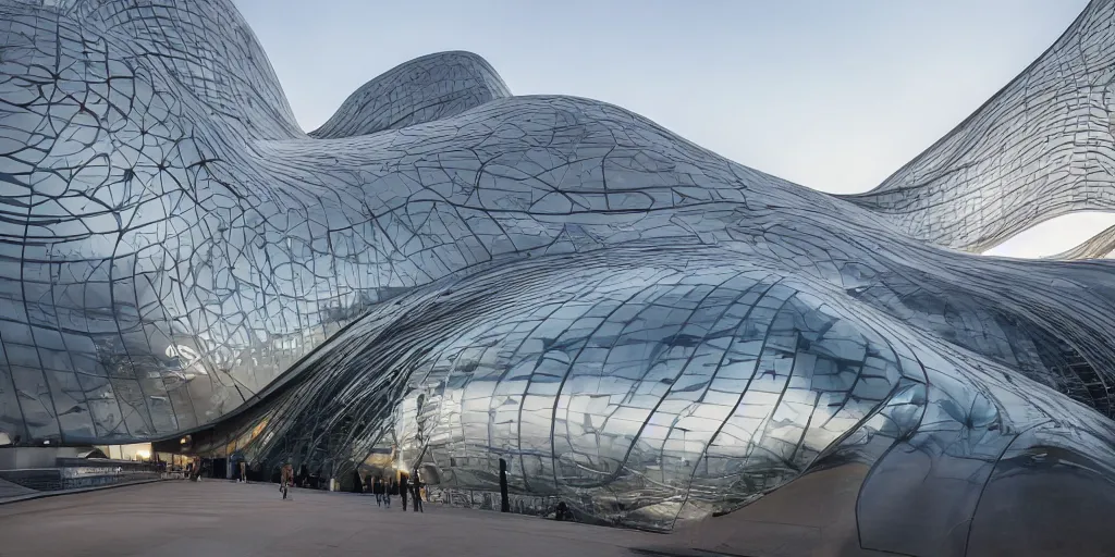 Image similar to extremely detailed ornate stunning sophisticated beautiful elegant futuristic museum exterior by Zaha Hadid, Milan buildings in the background, smooth curvilinear design, stunning volumetric light, stainless steal, concrete, translucent material, beautiful sunset, tail lights