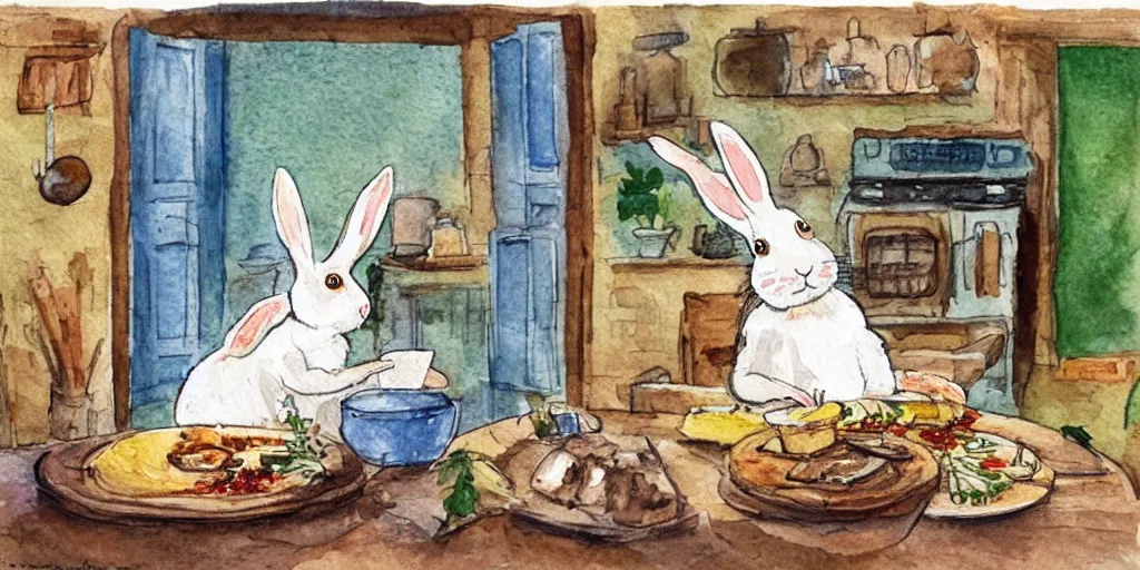 Image similar to a rabbit cooking food inside a french cozy kitchen, realistic watercolour