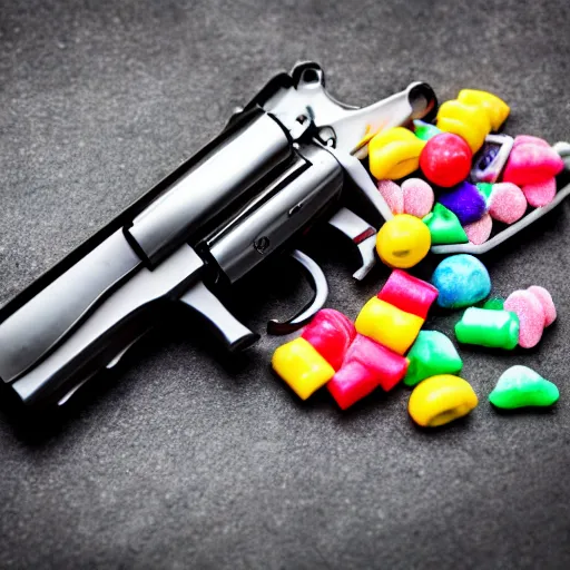 Prompt: revolver being loaded with candy, professional photography