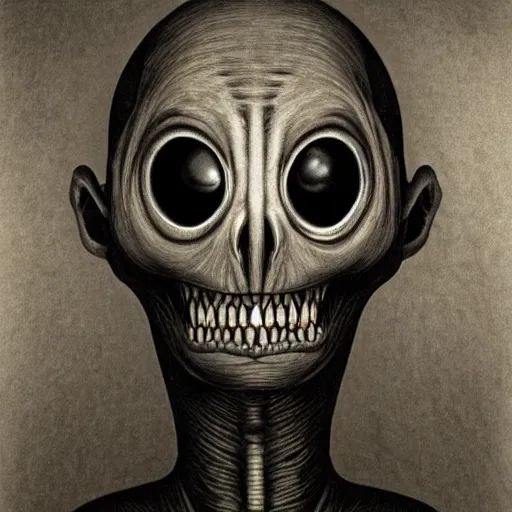 Image similar to humanoid with crooked teeth, sepia tint, two shallow black eyes, long open black mouth, alien looking, big forehead, horrifying, killer, creepy, long open black mouth, dead, looking straight into camera, realistic, slightly red, long neck, boney, monster, tall, very skinny, skullish, big forehead, in the style of alfred kubin