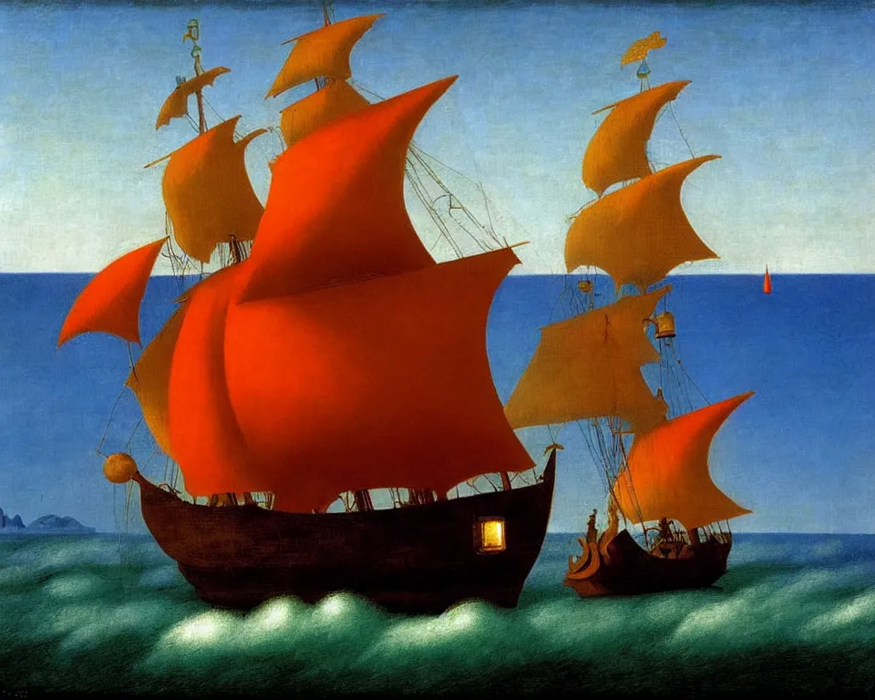 Prompt: a pirate ship in a bottle by raphael, hopper, and rene magritte. detailed, proportional, romantic, enchanting