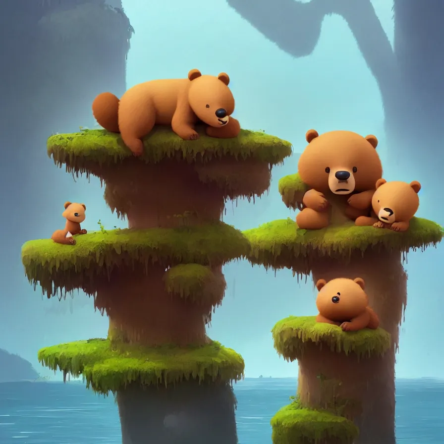 Image similar to A river, a baby bear on top of a trunk, jungle, art by Goro Fujita, ilustration, concept art, sharp focus, ArtStation, Deviantart