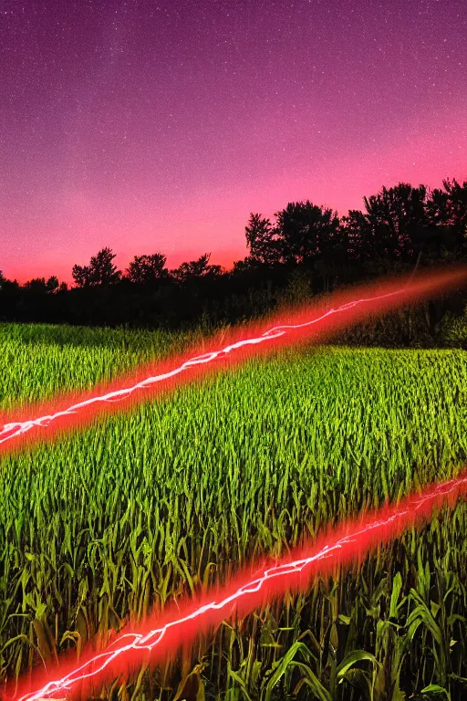 Image similar to Three giant glowing red beacons made out of light in the center of a corn field blasting off into space, 8K UHD