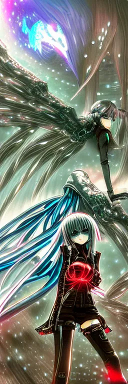 Image similar to anime cyberpunk dark fantasy gothic art, cute and beautiful full body female damaged cyborg - angel in the style of stand alone complex, akira, durararara, red blue purple black fade, intense watery glowing red and blue eyes, cinematic lighting, highly intricate detailed, wavy hair, advanced digital anime art, wlop and rossdraws and sakimimichan