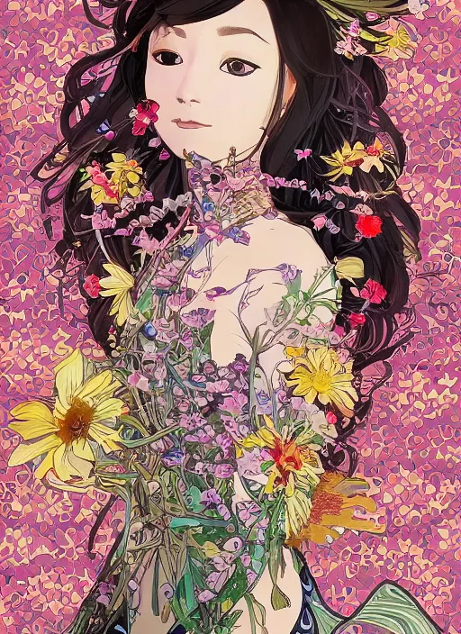 Image similar to !!! very coherent!!! oil painting, beautiful floralpunk iban bio mechanical portrait girl female illustration detailed patterns art of sarawak traditional dress, flower pop art, floral splash painting, art by ashley wood, alphonse mucha, makoto shinkai, geof darrow, dark shadow