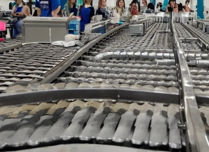 Image similar to photo of a conveyor belt producing clones of Belle Delphine to be sold to incels