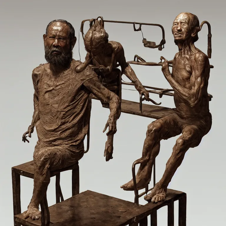 Prompt: hyperrealistic sculpture of a fossilized bronze chinese prisoner, on an operating table in a cage on a pedestal, surrounded by surgeons, by ron mueck and duane hanson and lee bontecou and giacometti, hyperrealistic dramatic colored lighting trending on artstation 8 k