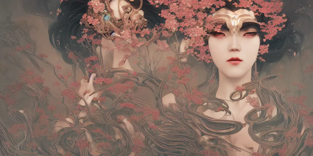 Image similar to breathtaking detailed hellbllade chines girl cyborg concept art painting art deco pattern of birds goddesses amalmation flowers, by hsiao ron cheng, tetsuya ichida, bizarre compositions, exquisite detail, extremely moody lighting, 8 k, art nouveau, old chines painting