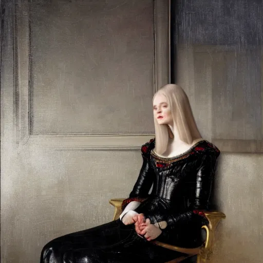 Prompt: Elle Fanning sitting on a white leather chair in the world of Rembrandt, head and shoulders portrait, stormy weather, extremely detailed masterpiece, oil on canvas, low-key neon lighting, artstation, Blade Runner 2049, Roger Deakin’s cinematography, by J. C. Leyendecker and Peter Paul Rubens and Edward Hopper and Michael Sowa,