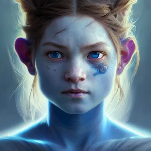 Image similar to portrait painting of a halfling monk girl with heavy scars and gorgeous blue eyes, ultra realistic, concept art, intricate details, eerie, highly detailed, photorealistic, octane render, 8 k, unreal engine. art by artgerm and greg rutkowski and charlie bowater and magali villeneuve and alphonse mucha