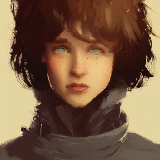 Prompt: portrait of a very masculine teenage girl with blue eyes and brown hair, short men's haircut, with a big nose, smiling, wearing an oversized sweater, dramatic lighting, illustration by Greg rutkowski, yoji shinkawa, 4k, digital art, concept art, trending on artstation