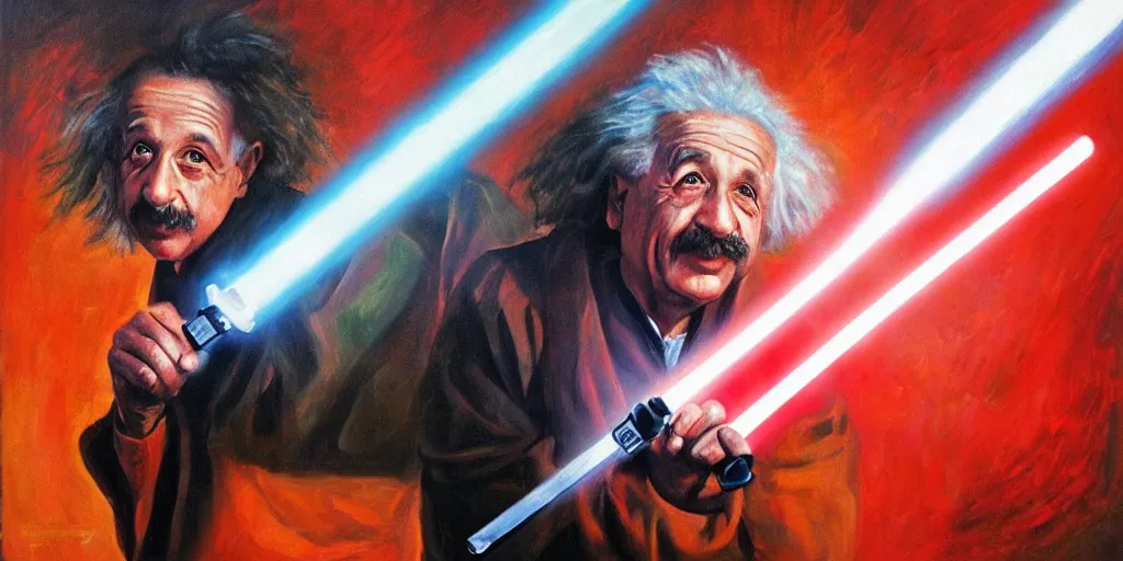 Image similar to Albert Einstein fighting with a red lightsaber, striking lighting, oil painting