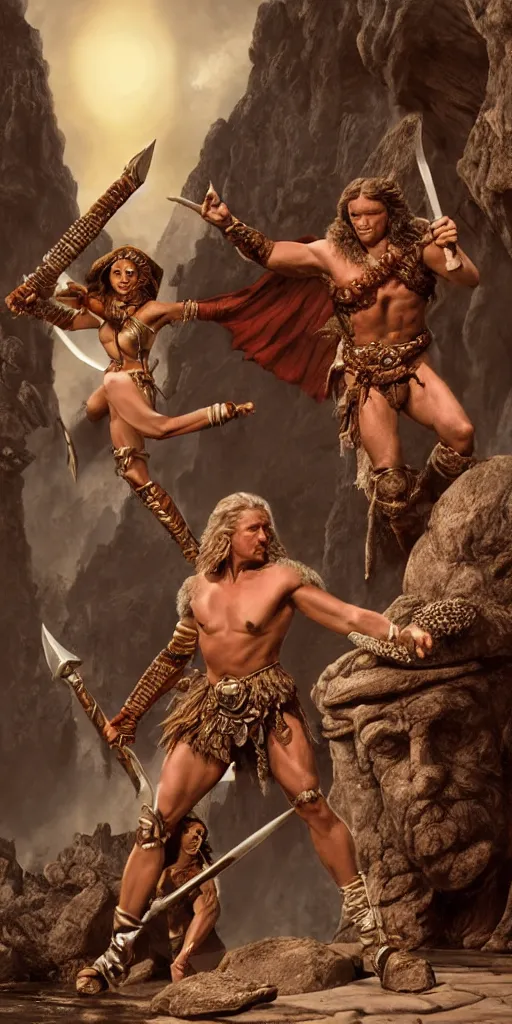 Image similar to kirk douglas as a barbarian, with a beautiful female fantasy maiden, dungeons and dragons, masterpiece by michael whelan, gustav dore, 8 k, octane render