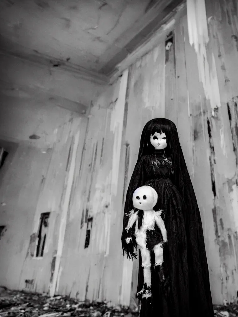 Image similar to cute drooping ectoplasmic fumo plush gothic maiden ghost apparition girl, in the lobby of a flooded abandoned hotel, tattered black and white dress, bokeh