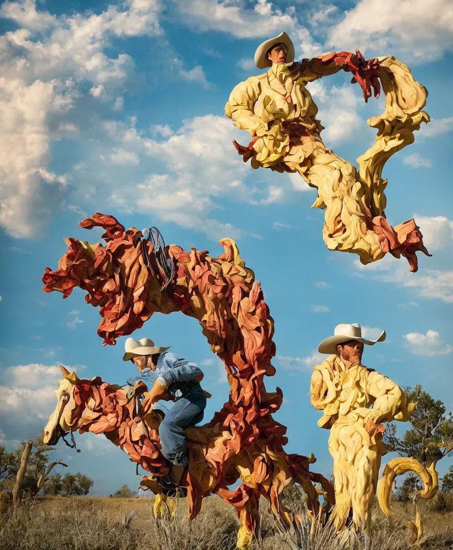 Image similar to a cowboy turning into blooms by slim aarons, by zhang kechun, by lynda benglis. tropical sea slugs, angular sharp tractor tires. complementary bold colors. photo of a manly cowboy. warm soft volumetric dramatic light. national geographic. 8 k, rendered in octane, smooth gradients. angular sculpture by antonio canova by gian lorenzo bernini.