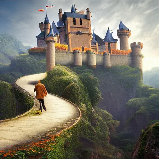 Image similar to a man walking down a road with a castle floating in the sky, a detailed matte painting by Chris LaBrooy, shutterstock contest winner, fantasy art, matte painting, cinematic