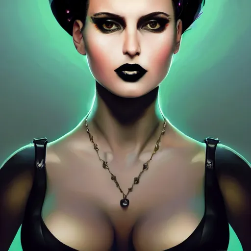 Image similar to high key studio lighting headshot portrait of a curvy sensual young female goth, asymmetrical haircut, beautiful character fashion design, directed by Alex Garland and Christopher Nolan, art by Paul Lehr and David Heskin and Mandy Jurgens and Josan Gonzalez, Artgerm, WLOP, Hi-Fructose