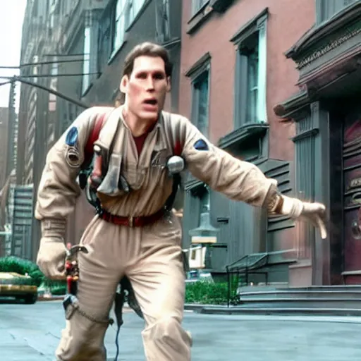 Prompt: Live Action Still of Jerma in Ghostbusters, real life, hyperrealistic, ultra realistic, realistic, highly detailed, epic, HD quality, 8k resolution, body and headshot, film still
