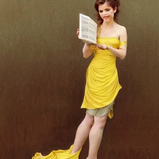 Image similar to a smiling anna kendrick wearing a yellow dress and reading a book, masterpiece, intricate, elegant, highly detailed, digital painting, artstation, concept art, smooth, sharp focus, illustration, art by artgerm and greg rutkowski and alphonse mucha and uang guangjian and gil elvgren and sachin teng, symmetry!!