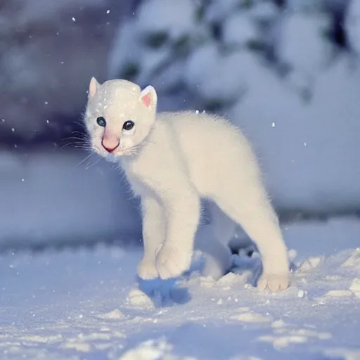 Image similar to a baby white panther playing in the snow, cutest award winning picture