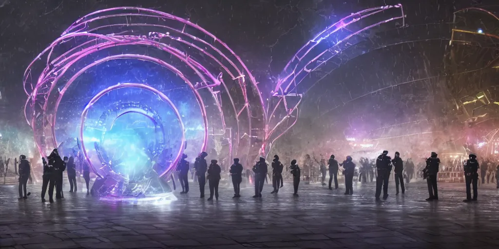 Prompt: policemen protecting a huge spiral - shaped bright luminous attractor right in the center of the city from protesting people,, rain and light fog, professional lighting, concept art in 3 d, high detail, professional lighting, 8 k, unreal engine