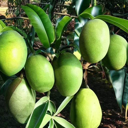 Image similar to green mango growing, 8 k, high definition, highly detailed, photo - realistic