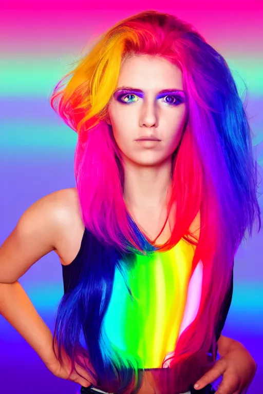 Image similar to a award winning half body portrait photograph of a beautiful woman with stunning eyes in a croptop and cargo pants with rainbow colored hair, routlined by whirling illuminated neon lines, outrun, vaporware