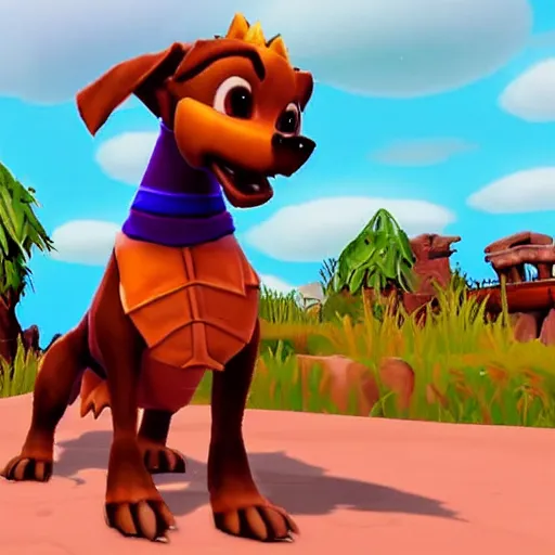 Image similar to screenshot of a cute humanoid dog as an npc in spyro the dragon video game, with playstation 1 graphics, activision blizzard, upscaled to high resolution