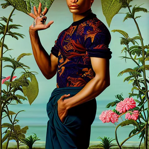 Prompt: A portrait of a thin trendy and gorgeous non-binary person, light skin tone, Maori people, oil painting by Kehinde Wiley, majestic, detailed, high resolution
