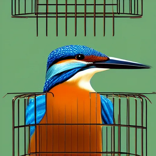 Prompt: kingfisher in a bird cage, realistic, high detail