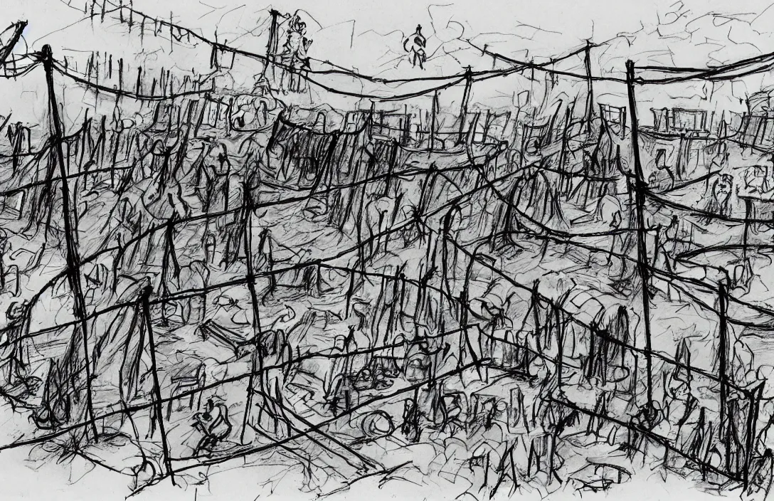 Image similar to milt kahl sketch of zombie apocalypse resistance camp with barbed wire fencing