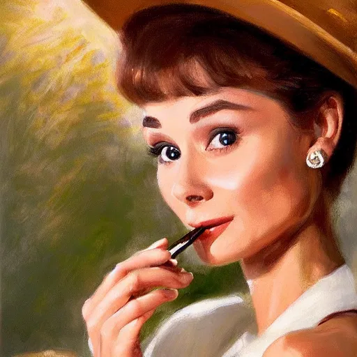 Image similar to closeup portrait of audrey hepburn smoking cigar in the film breakfast at tiffany's ( 1 9 6 1 ), evening, highly detailed, ultrarealistic oil painting, vladimir volegov, artstation