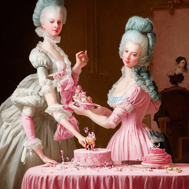 Prompt: Marie Antoinette cutting a pink cake. Baroque painting, trending on artstation, 50mm, photo realistic, highly detailed, ultra realistic, octane render