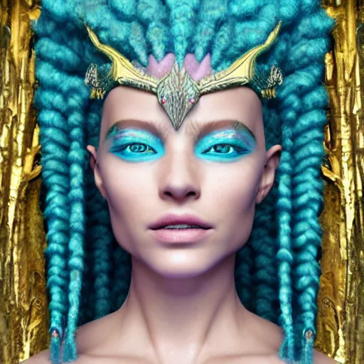 Image similar to unreal engine, octane render, 8 k, sandro botticelli portrait of egyptian sumerian goddess princess intergalactica, nautical siren, lady of elche, queen of heaven, techno mystic goddess, with aqua neon dreadlocks, teal eyebrows encrusted with diamonds, wearing iris van herpen haute couture, star - gate of futurisma,