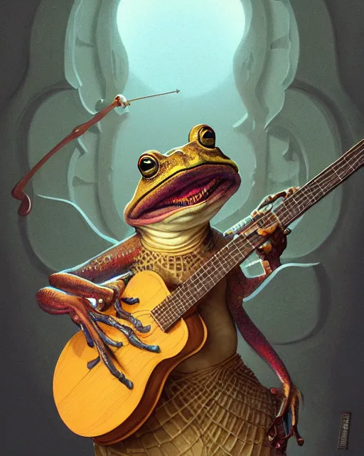 Image similar to anthropomorphic art of a frog with a guitar, medieval clothing by artgerm, victo ngai, ryohei hase, artstation, highly detailed digital painting, smooth, global illumination, fantasy art by greg rutkowsky, karl spitzweg