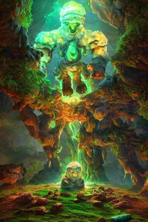 Image similar to arcane fantasy art giant golem elemental wood rock bastion forged gemstone enchanted forest troll, global illumination ray tracing hdr fanart arstation by sung choi and eric pfeiffer and gabriel garza and casper konefal lisa frank zbrush central hardmesh radiating a glowing aura