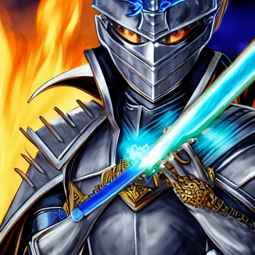 Image similar to fantasy knight in blue armor with a golden sword driving a green hatchback car with a dragon blowing fire above, manga, Yusuke Murata, artstation, 8k