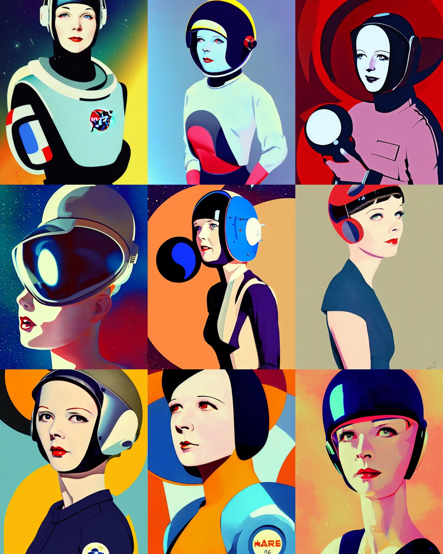 Prompt: mary louise brooks 2 6 years old astronaut, retro space helmet, forbidden planet 1 9 5 6, retro futurism 1 9 5 0 s, half portrait by stanley artgerm, dramatic lighting, ilya kuvshinov, trending on artstation, flat colour, geometric curves, gradient filter, pleasing tone colours, space walk, by conrad roset