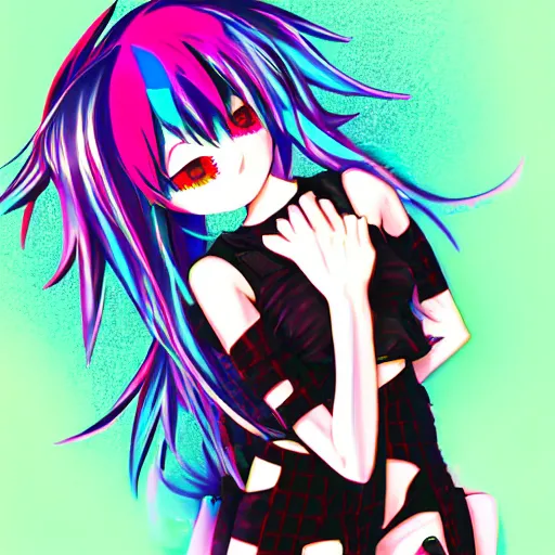 Image similar to emo anime girl, scene, rainbowcore, vhs monster high, glitchcore witchcore, checkered spiked hair, pixiv