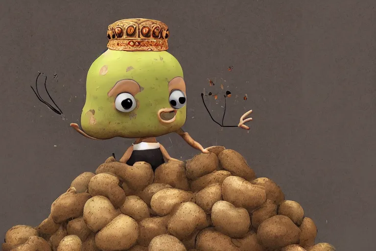 Image similar to the potato king appears before the large crowd of his subjects in all his glory wearing his crown, concept art, blender, glossy googly eyes, realistic dirt.