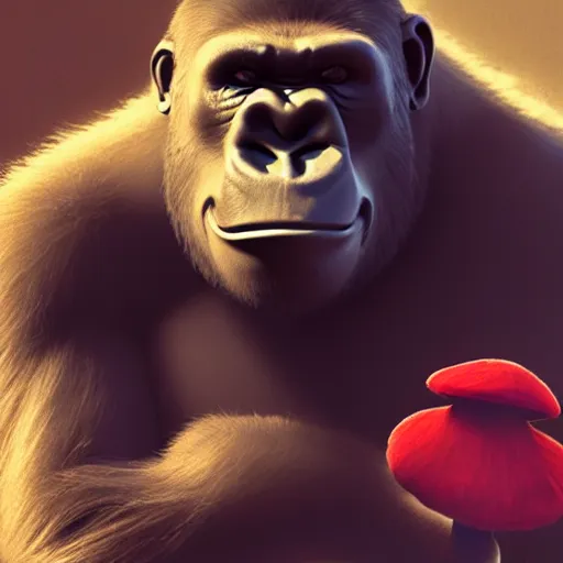 Image similar to a wholesome animation key shot of a gorilla holding a very small red mushroom, chilled out smirk on face, studio ghibli, pixar and disney animation, sharp, rendered in unreal engine 5, anime key art by greg rutkowski, bloom, dramatic lighting, made by banksy