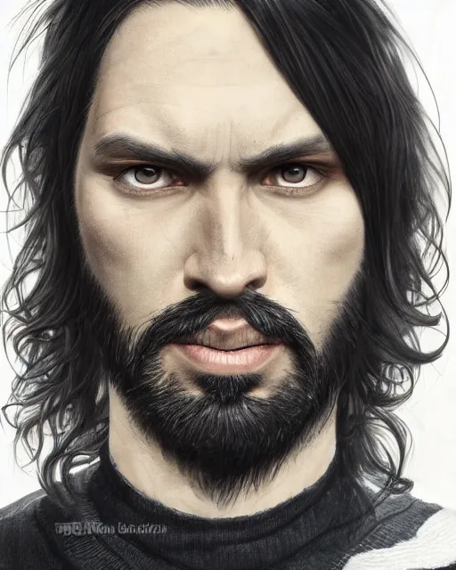 Image similar to portrait of tall, tired 3 3 - year - old handsome man with long black hair, grey eyes, wearing black clothes, hyper realistic face, beautiful eyes, character art, art by mark brooks, hyperdetailed, cryengine, trending on artstation, digital art