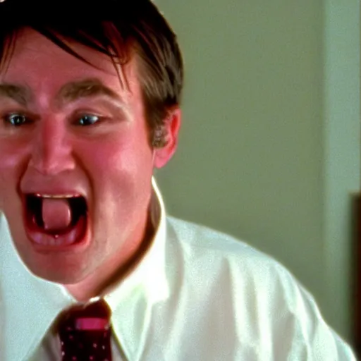 Prompt: clean - shaven chubby white man wearing a shirt and necktie sitting at a desk making a goofy face, 1 9 8 9 movie still, cinematography, cinematic lighting