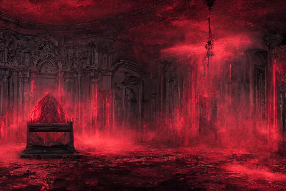 Prompt: Paranormal Activity In A Futuristic Satanic Chamber In An Abandoned Church In Rome With Black Hooded Characters Around A Dark Pagan Symbol Made of Red Fluid, photorealistic, volumetric lighting, hyperrealistic, octane render, HDR, photorealistic, bokeh