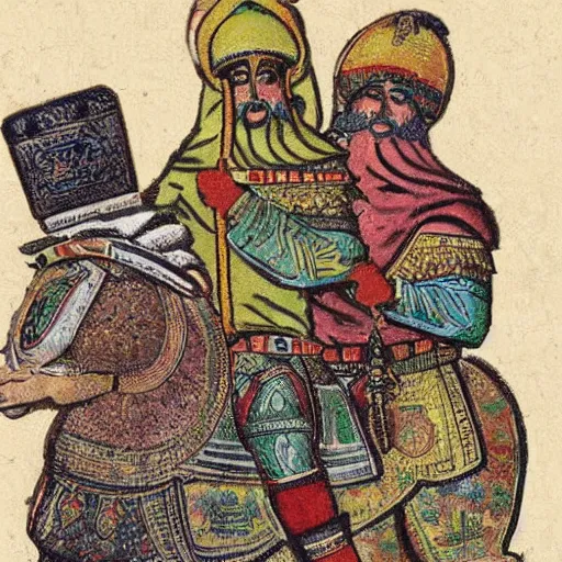 Image similar to propaganda image of 3 persian knights on top of a pile of ruble, illustration, beautiful