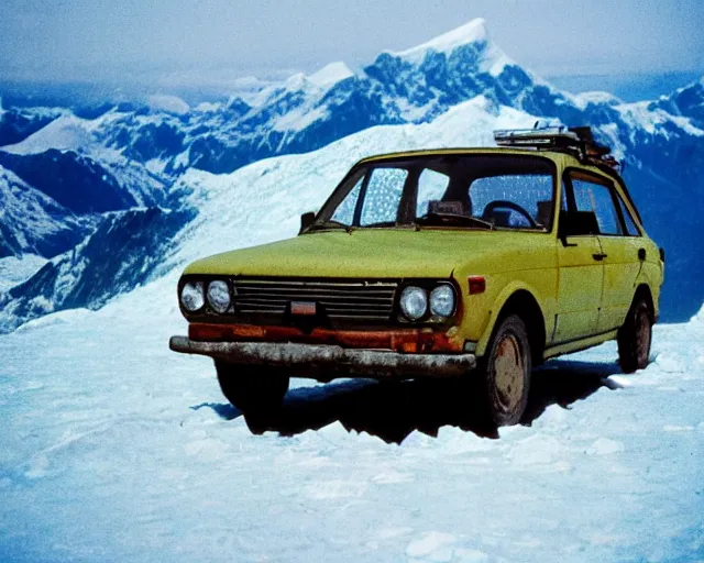 Prompt: a lomographic photo of old lada 2 1 0 7 standing on top of the mount everest, cinestill, bokeh