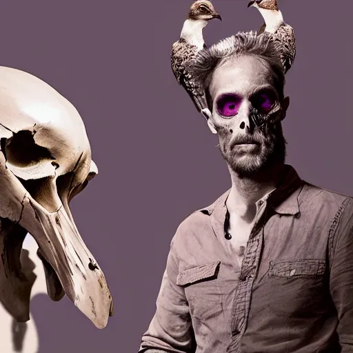 Image similar to a beautiful performance art of a man, with an animal skull for a head, and a large bird perched on his shoulder. the man is looking up at the bird with a fierce expression, and the bird is looking back at him with what seems to be an equally intense gaze. pale violet, concept art world by kuno veeber composed