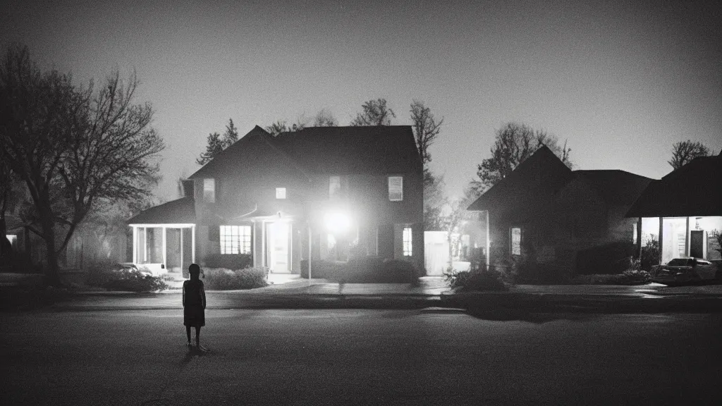 Image similar to “ quiet american neighborhood at night, a woman waiting, photography in the style of gregory crewdson, mist ”