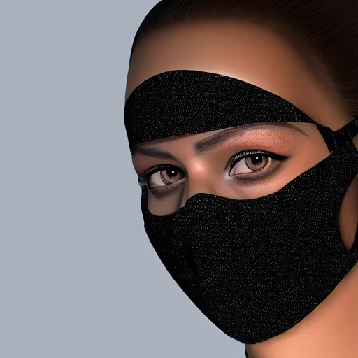 Image similar to 3 d fluid simulation render, octane render, xparticles, black color, female face in latex balaclava and mask,